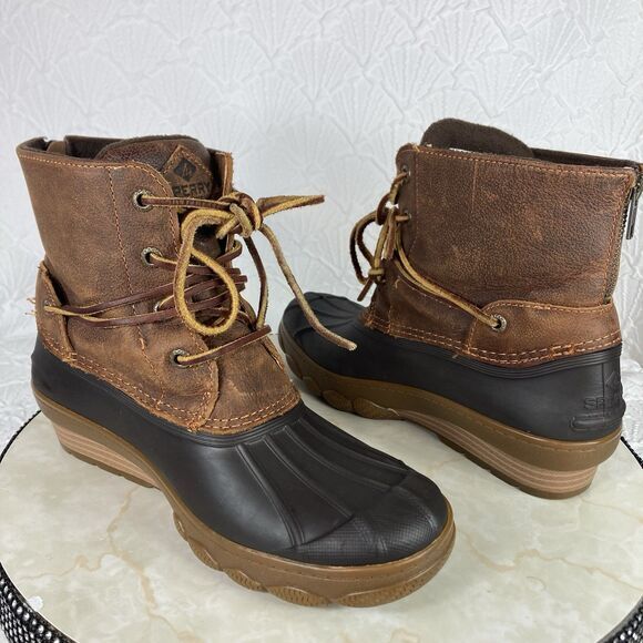 Sperry Duck Boots Womens Size 7 Black Brown Leather Outdoor Rubber Rain Booties - Picture 13 of 15